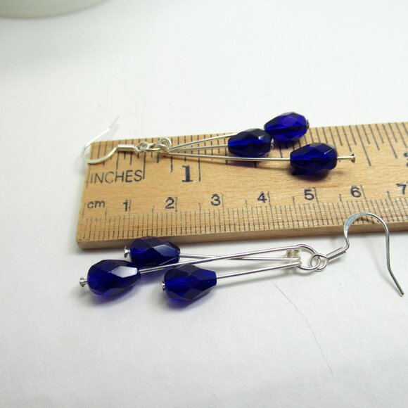 Colbalt blue triple dangle Czech bead earrings - Picture 7 of 9